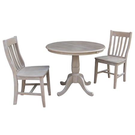 International Concepts Round 36 in Round Extension Dining Table with 2 Cafe Chairs, Washed Gray Taupe, 36 in W, 48 in L K09-36RXT-C61-2
